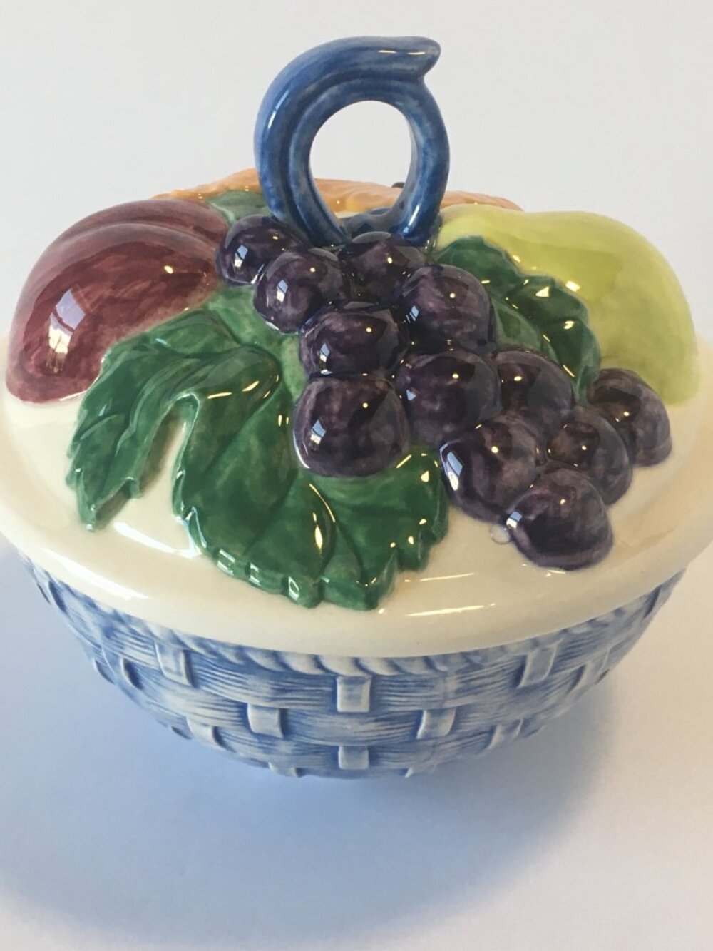 Vintage Ceramic Fruit Bowl Lidded Hand Painted Basketweave Cottage Candly dish